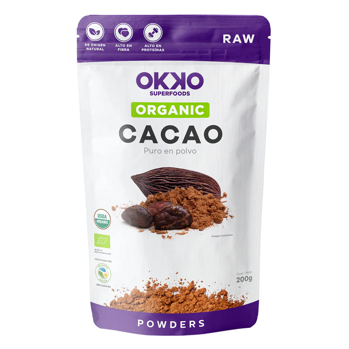 CACAO ORGANICO EN POLVO OKKO BOLSA 200  GR.