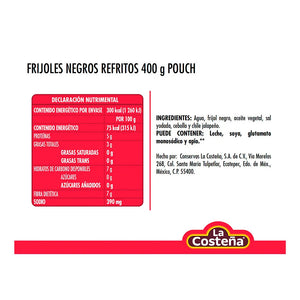 FRIJOLES NEGROS REFRITOS LA COSTEÑA BOLSA 400  GR.