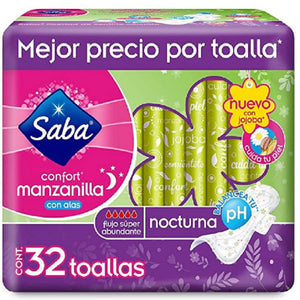 TOALLA FEMENINA SABA CONFORT MANZANILLA NOCTURNA CON ALAS 32  PZA.