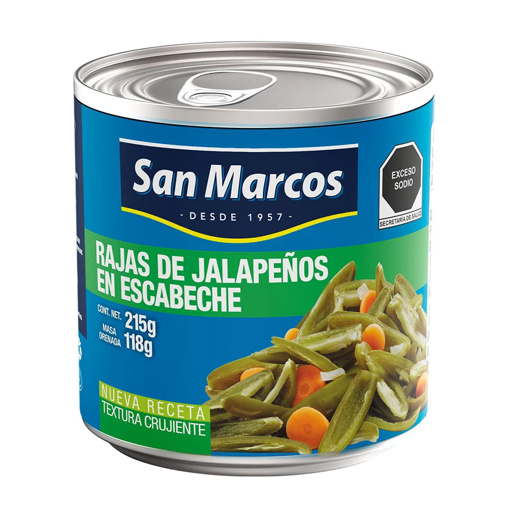 CHILES JALAPEÑOS RAJAS VERDES EN ESCABECHE SAN MARCOS LATA 215  GR.