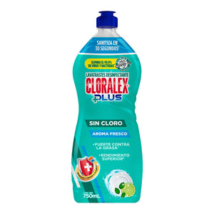 DETERGENTE  LÍQUIDO LAVATRASTES CLORALEX LIMON  MENTA 750  ML.