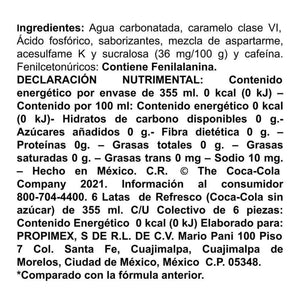 REFRESCO COCA COLA SIN AZUCAR 6PACK LATA 355ML 6  PZA.