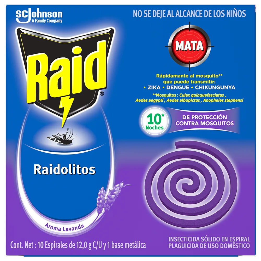 INSECTICIDA ESPIRAL RAIDOLITOS ANTI MOSQUITOS LAVANDA 10  PZA.