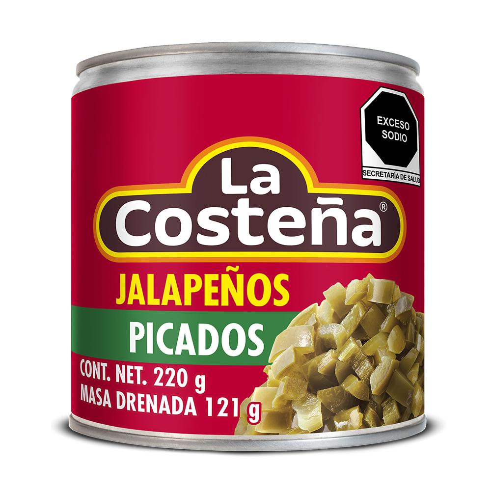 CHILES JALAPEÑOS PICADOS EN ESCABECHE LA COSTEÑA LATA 220  GR.