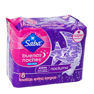 TOALLA FEMENINA  SABA BUENAS NOCHES CON ALAS EXTRALARGA 8  PZA.