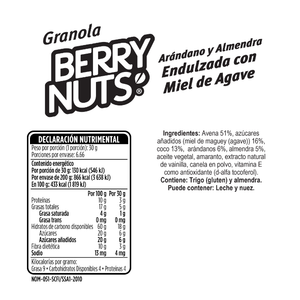 GRANOLA ARANDANO Y ALMENDRA ENDULZADA CON MIEL BERRY NUTS 200  GR.