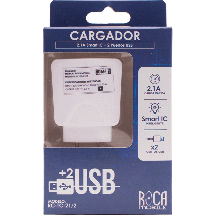 CARGADOR INTELIGENTE 2.1 SMART IC 2 USB ROCA MOBILE 1  PZA.